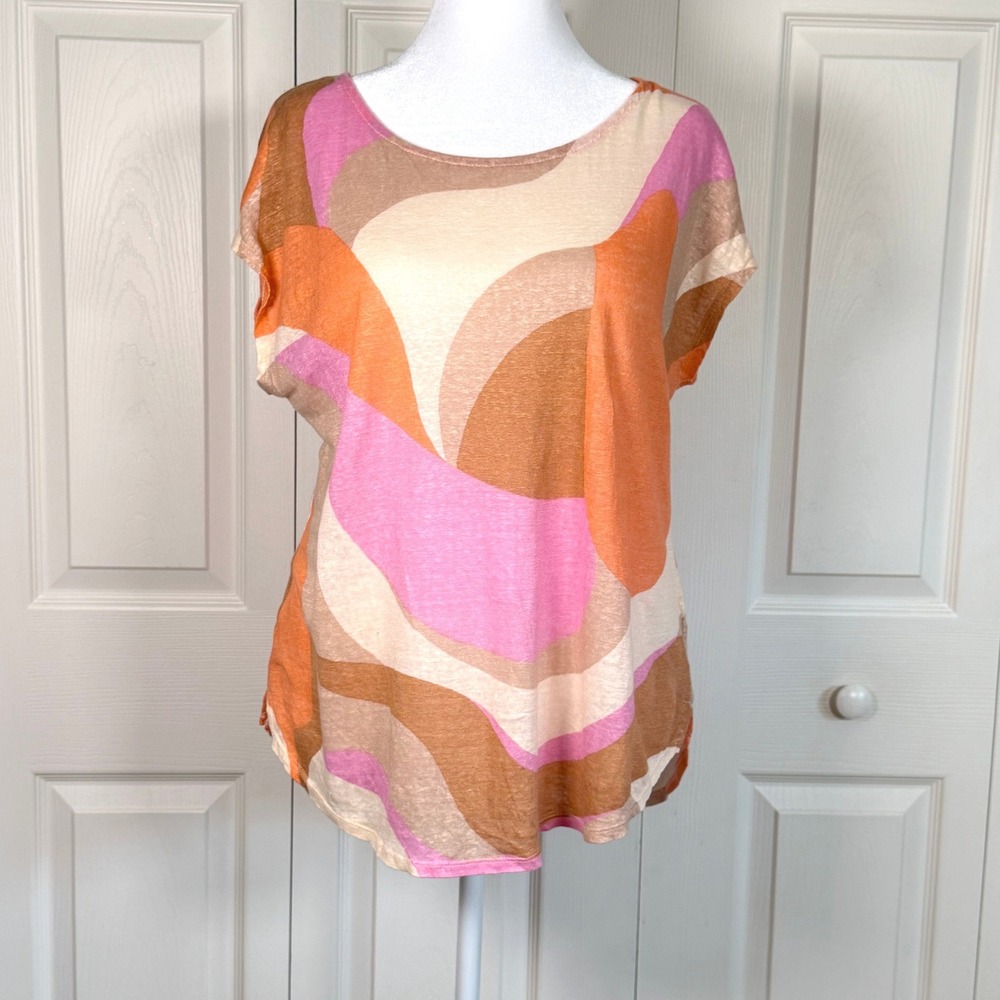 Rachel Zoe Pink Orange Abstract Swirl 100% Linen Short Sleeve Top XL